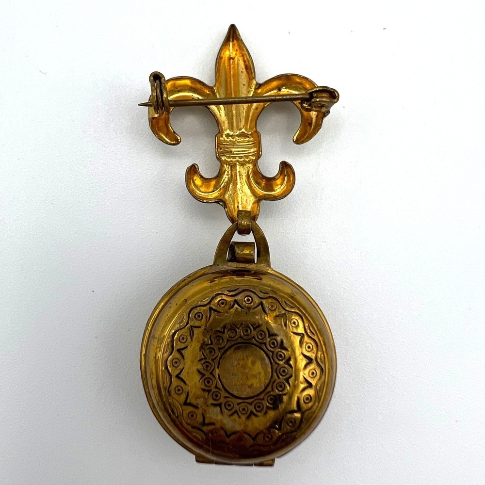 Vintage Fleur De Lis Locket Brooch Gold Tone Round Dangle Photo Sweetheart - Picture 2 of 9